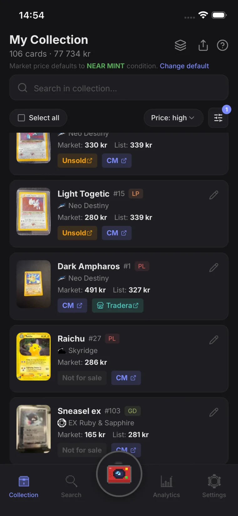PokeValue — My Collection, listings managed in one place with Tradera